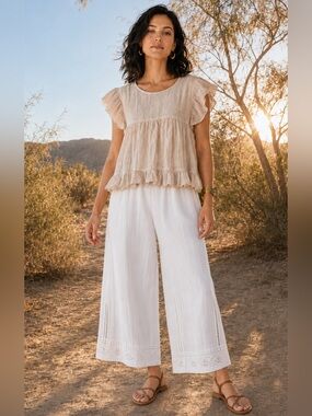 New! KKIBO Linen Ruffle Flutter-Sleeve Babydoll Boho Top Natural Beige 🐚 Small